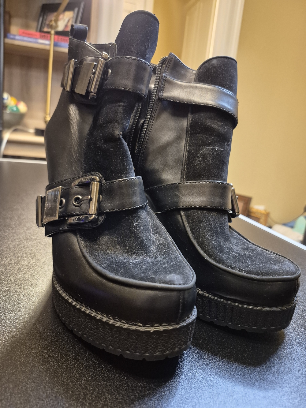 BCBGeneration Black Suede & Leather Platform Ankle Boots with Buckles C1 - Jjohn